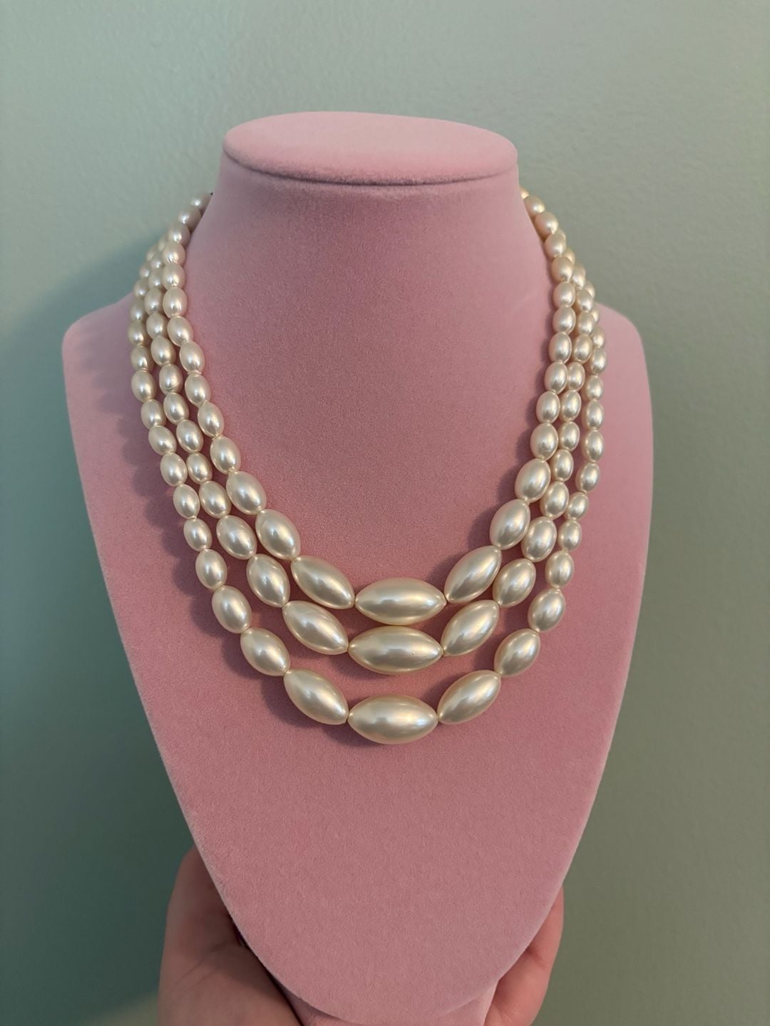 Vintage Three-Strand Faux Pearl Necklace With Silver Tone Hook Clasp